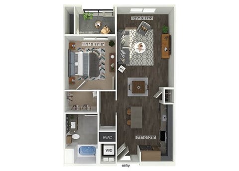 Floor plan for 1 bed, 1 bath, 800 sqft